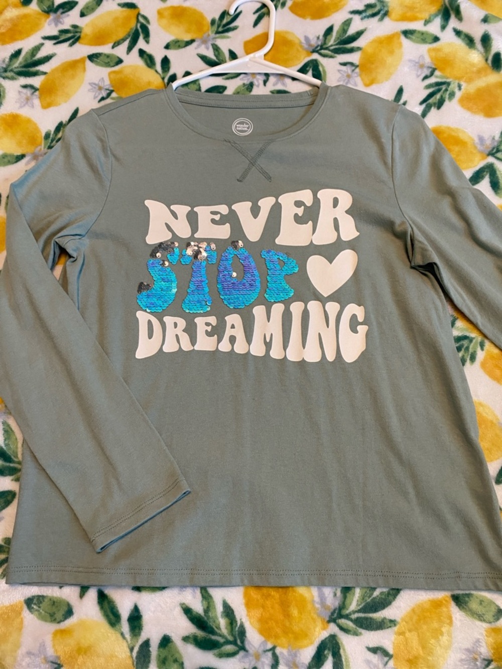 wonder nation Sage Green Long Sleeve Tee with Blue Sequin Accent